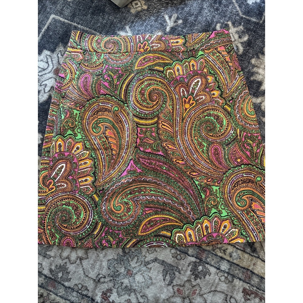 J. CREW Pencil Mini Skirt Paisley Orange Pink Green Women's Size 00